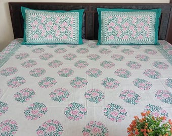 Sábana de algodón estampada a mano: diseño floral de cachemira, fundas de almohada reversibles
