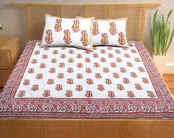 Pink Boho Cotton Handblock Printed Bedsheet with Pillow Covers