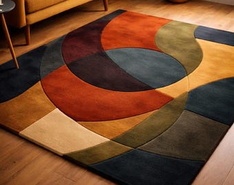 Hand Tufted Abstract Wavy Rug, Mid-Century Modern Geometric Carpet, Artistic Living Room Statement Piece