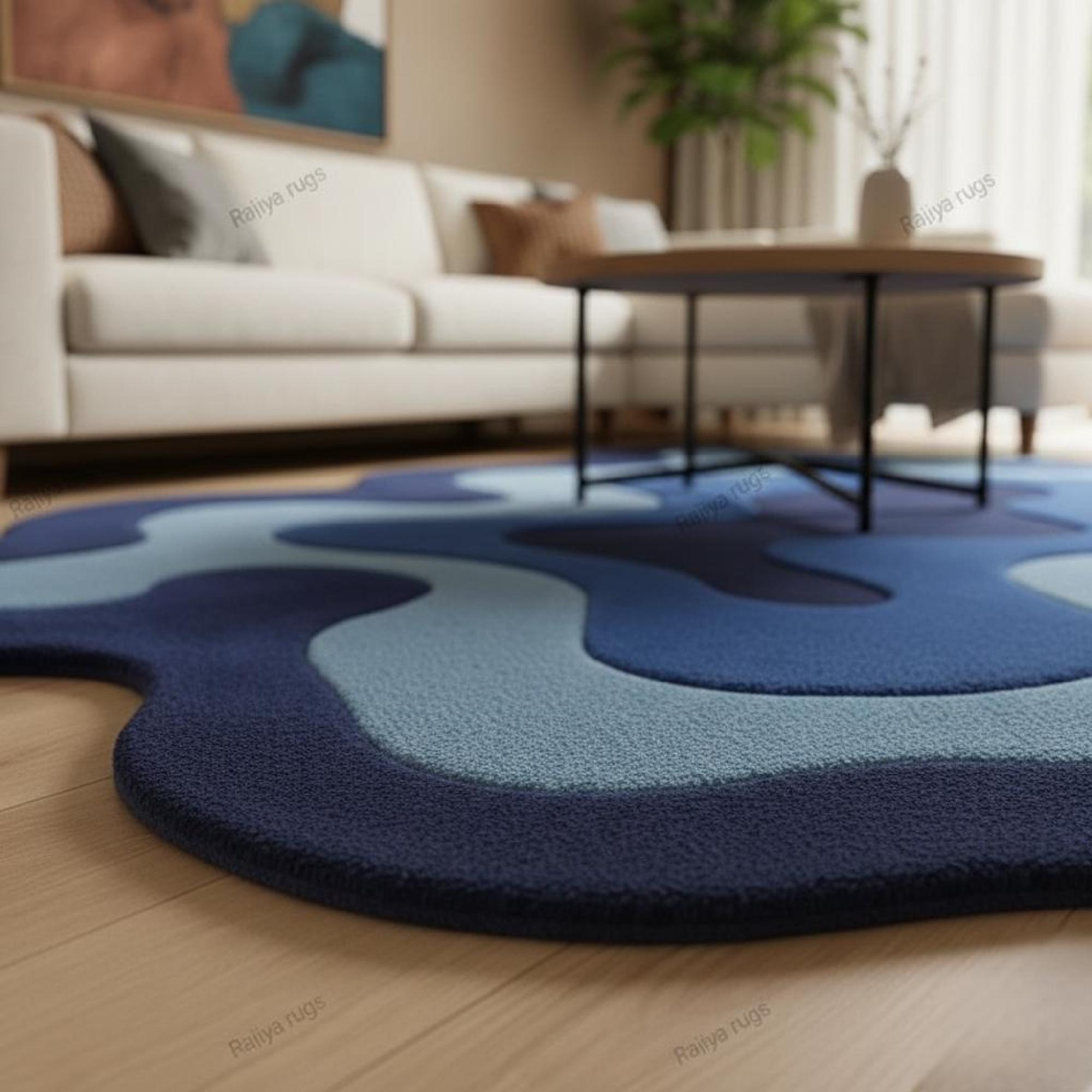 Blue Abstract Hand Tufted Area Rug | Soft Modern Living Room Carpet - Etsy