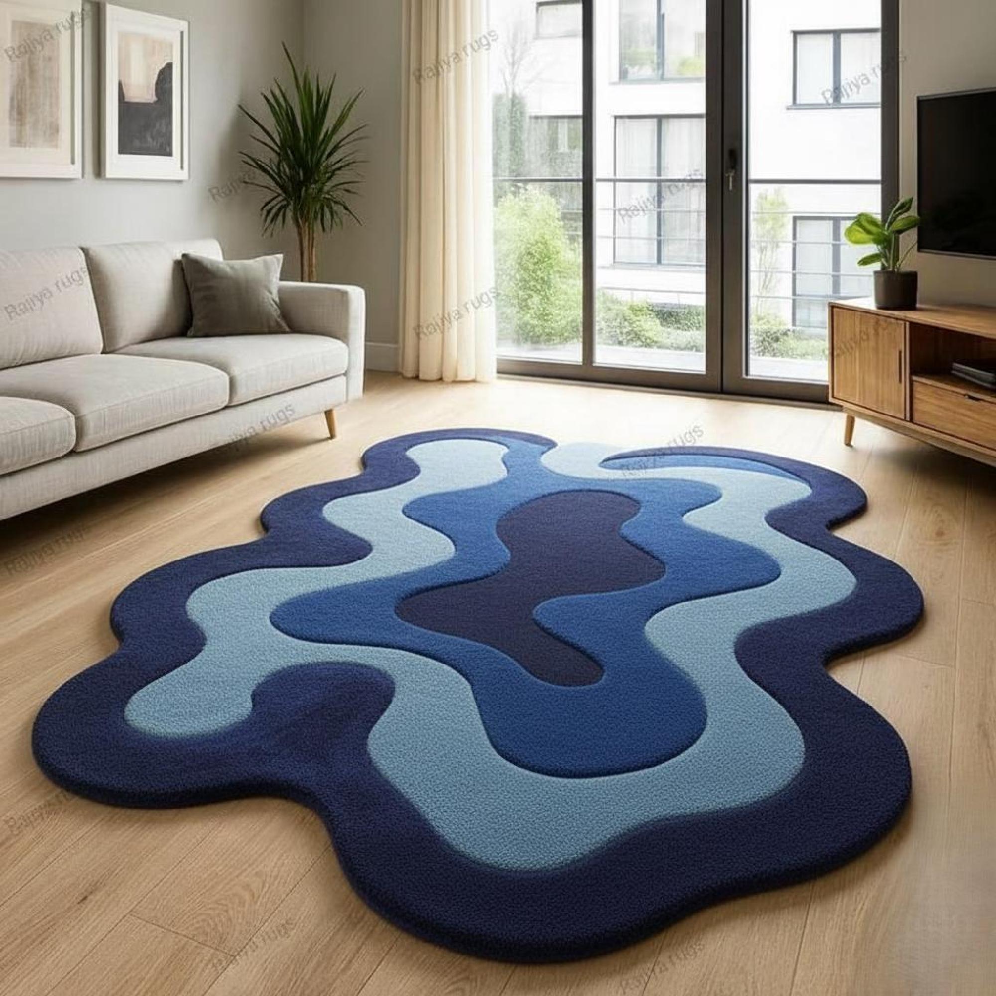Blue Abstract Hand Tufted Area Rug | Soft Modern Living Room Carpet - Etsy