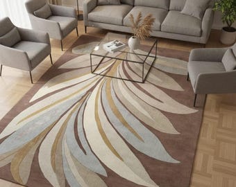Hand Tufted Tropical Palm Leaf Rug | Brown Botanical Wool Carpet
