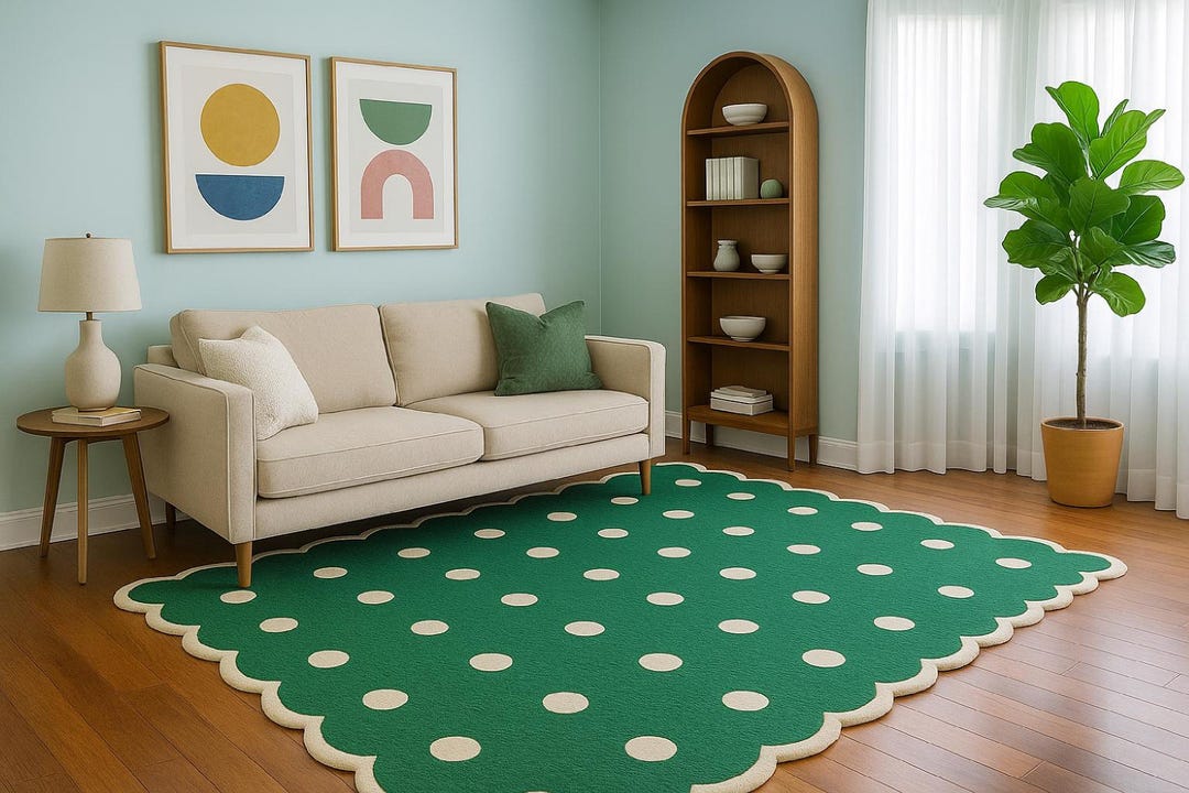 Green Wool Rug With Polka Dots: Scalloped Edge Hand Tufted Carpet - Etsy