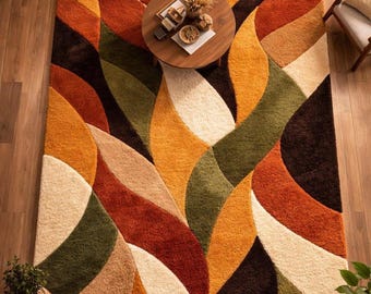 Hand Tufted Wool Area Rug, Abstract Leaf Design, Earth Tone Mid Century Carpet