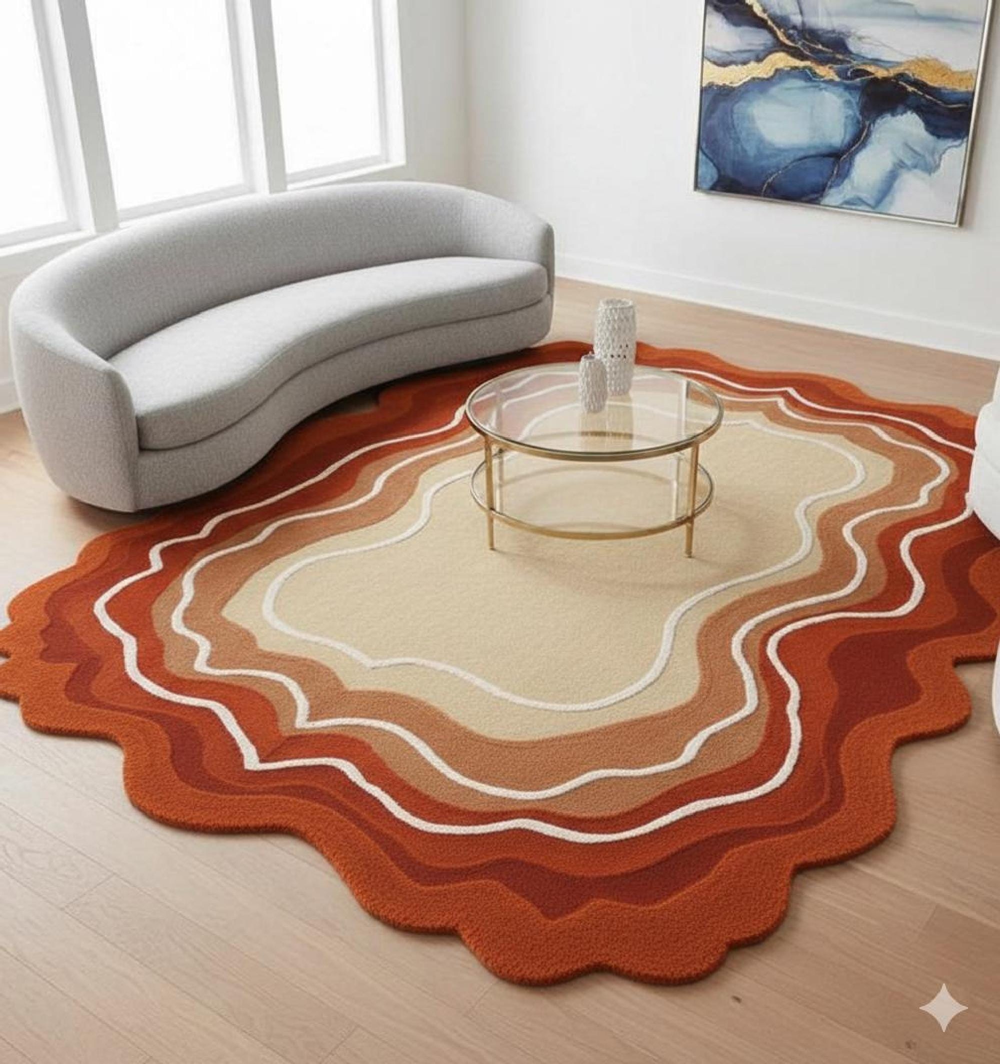 Hand Tufted Wool Rug, Scalloped Edge, Pink Beige Circus Theme Carpet - Etsy