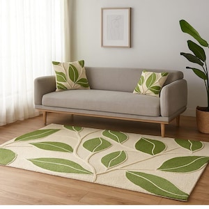 Hand Tufted Leaf Design Rug | Modern Green Cream Carpet for Living Room, Bedroom & Home Décor | Eco-Friendly Soft Floor Mat your home