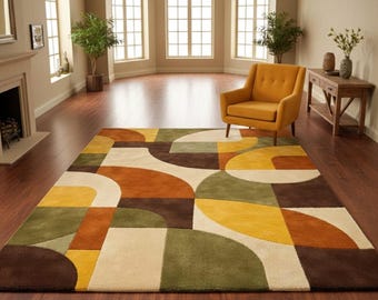 Hand Tufted Wool Rug – Retro Abstract Earth Tone, Mustard Yellow, Burnt Orange, Olive Green