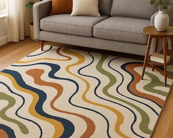 Tappeto in lana trapuntato a mano con motivo ondulato astratto multicolore - Dimensioni 5x8