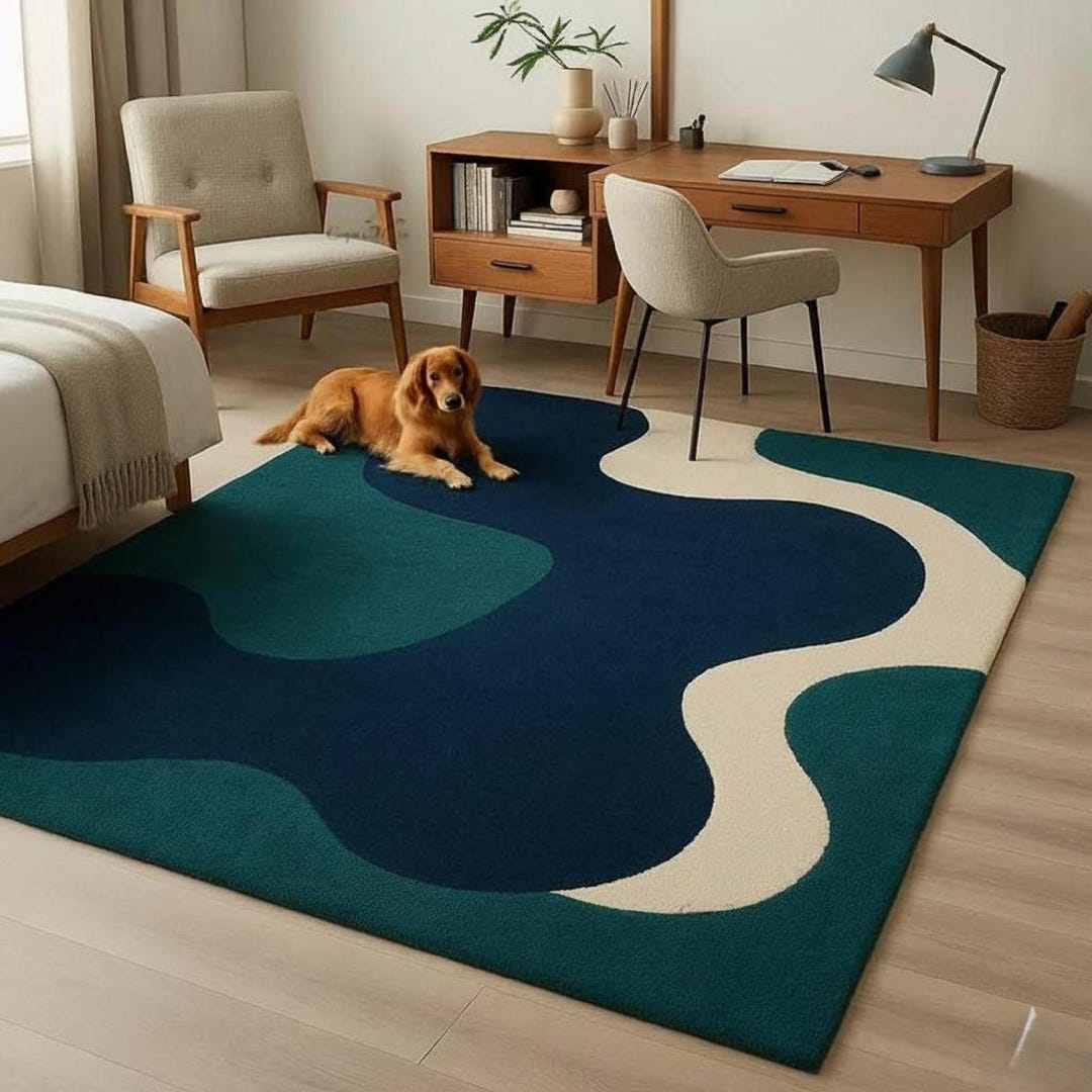 Hand Tufted Wool Area Rug – Modern Abstract Teal Rugvedaarugs - Etsy