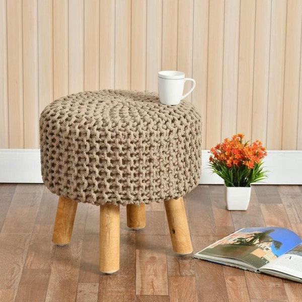 Handmade Ottoman Pouf, Stylish Boho Home Decor Textured, wooden stool, Living Room Bedroom decor, crochet stool, vintage stool, round pouf