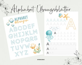 "Underwater world" exercise sheets: elementary school preparation, learning the alphabet, first writing exercises, ABC for tracing, letter template large.