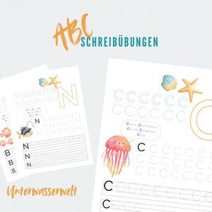 May include: Two white worksheets with handwriting practice. One sheet features the letter "N" with fish illustrations, and the other features the letter "C" with a jellyfish illustration. The text "ABC SCHREIB&Uuml;BUNGEN" is at the top.