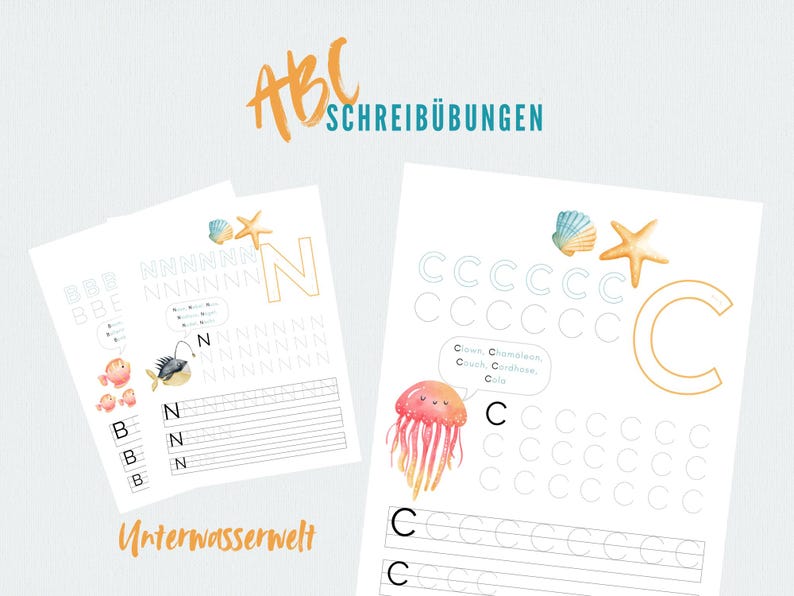 May include: Two white worksheets with handwriting practice. One sheet features the letter "N" with fish illustrations, and the other features the letter "C" with a jellyfish illustration. The text "ABC SCHREIB&Uuml;BUNGEN" is at the top.