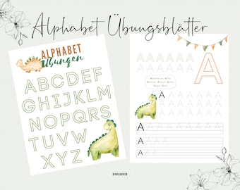 "Dinosaur" exercise sheets: elementary school preparation, learning the alphabet, writing exercises, ABC for tracing, uppercase letter template