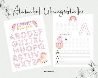 "Unicorn" exercise sheets: elementary school preparation, learning the alphabet, first writing exercises, ABC for tracing, uppercase letter template