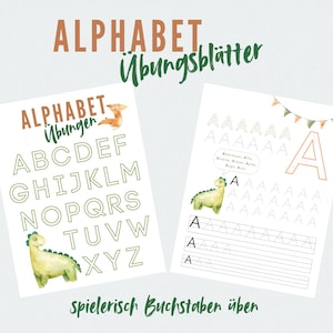Puede incluir: Dos hojas de papel blancas con las palabras "ALPHABET Übungsblätter" y "ALPHABET Übungen" en marrón y verde. Una hoja muestra el alfabeto, y la otra la letra "A" con líneas de trazado. Ilustraciones de dinosaurios en acuarela.