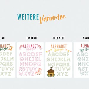 May include: Four colorful alphabet practice sheets with the words "Dino", "Einhorn", "Feenwelt", and "Kawaii" at the top. Each sheet has the alphabet in uppercase letters. The words "ALPHABET Ubungen" are written above the alphabet.