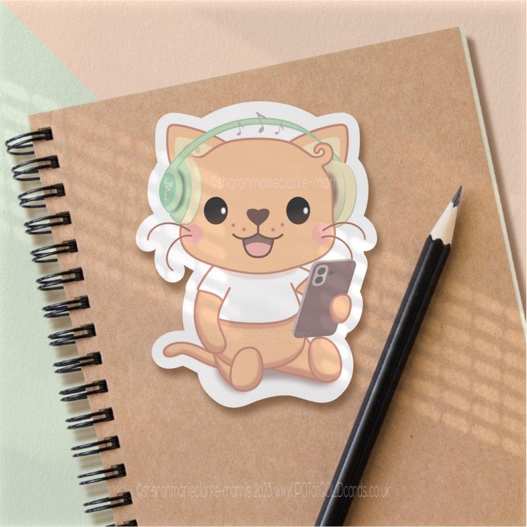 Sticker - 'TUNES' - Cute Cat - Waterproof Die Cut Vinyl Decal - Gift ...