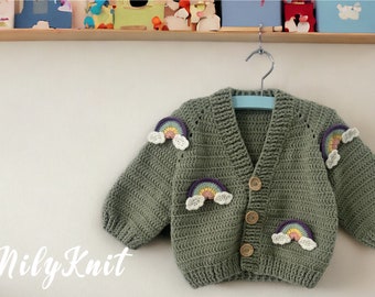 Baby Cardigan with Rainbow Design Knitted Cute Warm Long Sleeve Cotton Button Down Cozy Winter Sweater Newborn Apparel Christening Gift