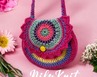 Crocheted Bag for Little Girls with PERSONALIZED NAME CHARM Cute Pink Floral Boho Shoulder Bag for Kindergarten Outgoing Birthday Gift