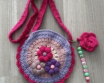Crocheted Bag for Little Girls with PERSONALIZED NAME CHARM Cute Pink Floral Boho Shoulder Bag for Kindergarten Outgoing Birthday Gift
