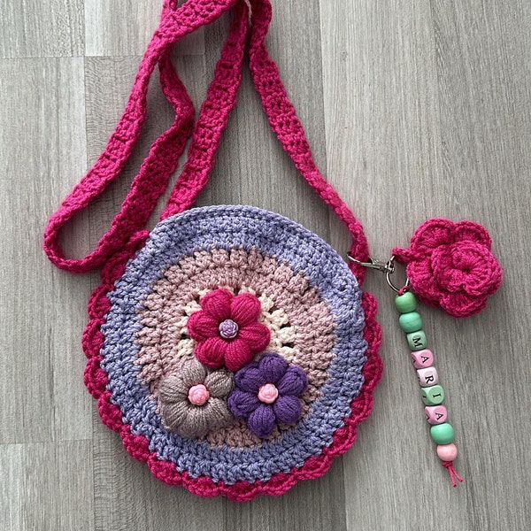 Crocheted Bag for Little Girls with PERSONALIZED NAME CHARM Cute Pink Floral Boho Shoulder Bag for Kindergarten Outgoing Birthday Gift
