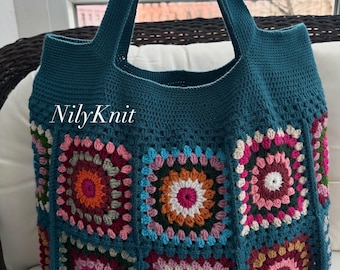 Colorful Boho Shoulder Bag in Granny Square Style Handmade Tote, Medium Crochet Purse, Beach and Festival Bag Concert Bag