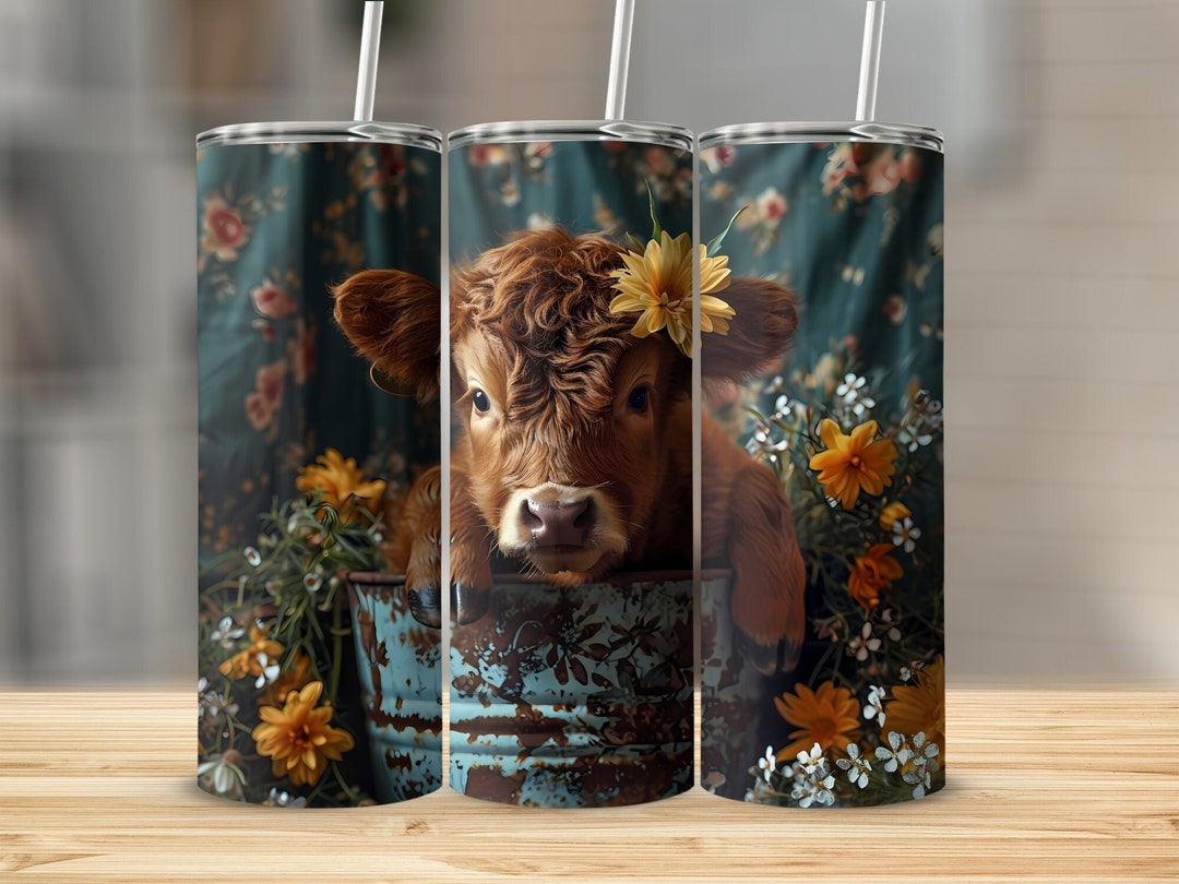 Baby Highland Cow in a Bucket Seamless Tumbler Wrap 20 Oz Sublimation ...