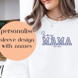 Premium Boy Mama Varsity Sweatshirt, custom momma sweatshirt, Personalise Names on Sleeve, Birthday gift for her, New Mom Gift Baby Shower