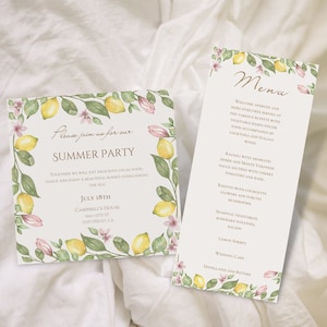 Summer Party Invitation Template + Menu with Watercolor Yellow Lemons and Pink Flowers | Editable | Printable and Digital | Instant Download