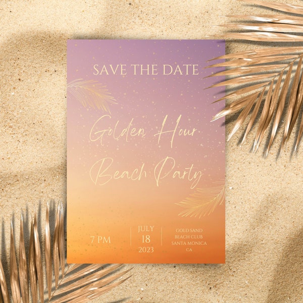 Golden Hour Summer Beach Party Flyer Invitation with Sunset's Colors and Gold Details | Printable and Digital | Instant Download