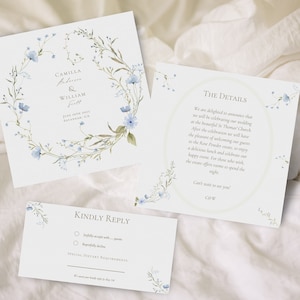 Floral Wedding Invitation Template with Pastel Light Blue Watercolor Flowers | Editable on Canva | Printable and Digital | Instant Download