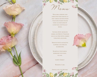 Summer Menu Template for Wedding\Party with Watercolor Lemons and Pink Flowers Editable on Canva | Printable and Digital | Instant Download