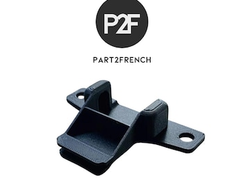 May include: Black 3D-printed bracket with a unique design. The bracket has a rectangular base with two angled sides and a hole on one end. The top features the text "P2F" inside a black circle, with "PART2FRENCH" below.