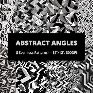 Op de afbeelding: Acht naadloze geometrische patronen in zwart en wit. Elk patroon heeft abstracte hoeken en lijnen. De patronen zijn 30,48 cm bij 30,48 cm en 300 DPI.