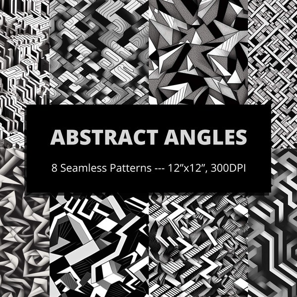 Abstract Angles - 8 Seamless Patterns - Digital Illustration Download - Black and White - Inspired by M.C. Escher - 3600x3600