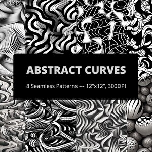 May include: Eight black and white seamless patterns featuring abstract curves. The patterns are 12 inches by 12 inches and 300 DPI.