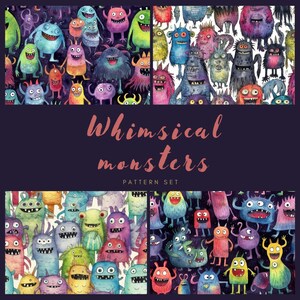Whimsical Monsters Watercolor Seamless Pattern Set