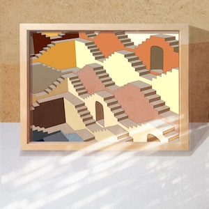 May include: A framed illustration of a complex, multi-level staircase with a repeating pattern of arches and doorways. The stairs are painted in shades of brown, yellow, and beige, creating an optical illusion of depth and perspective.