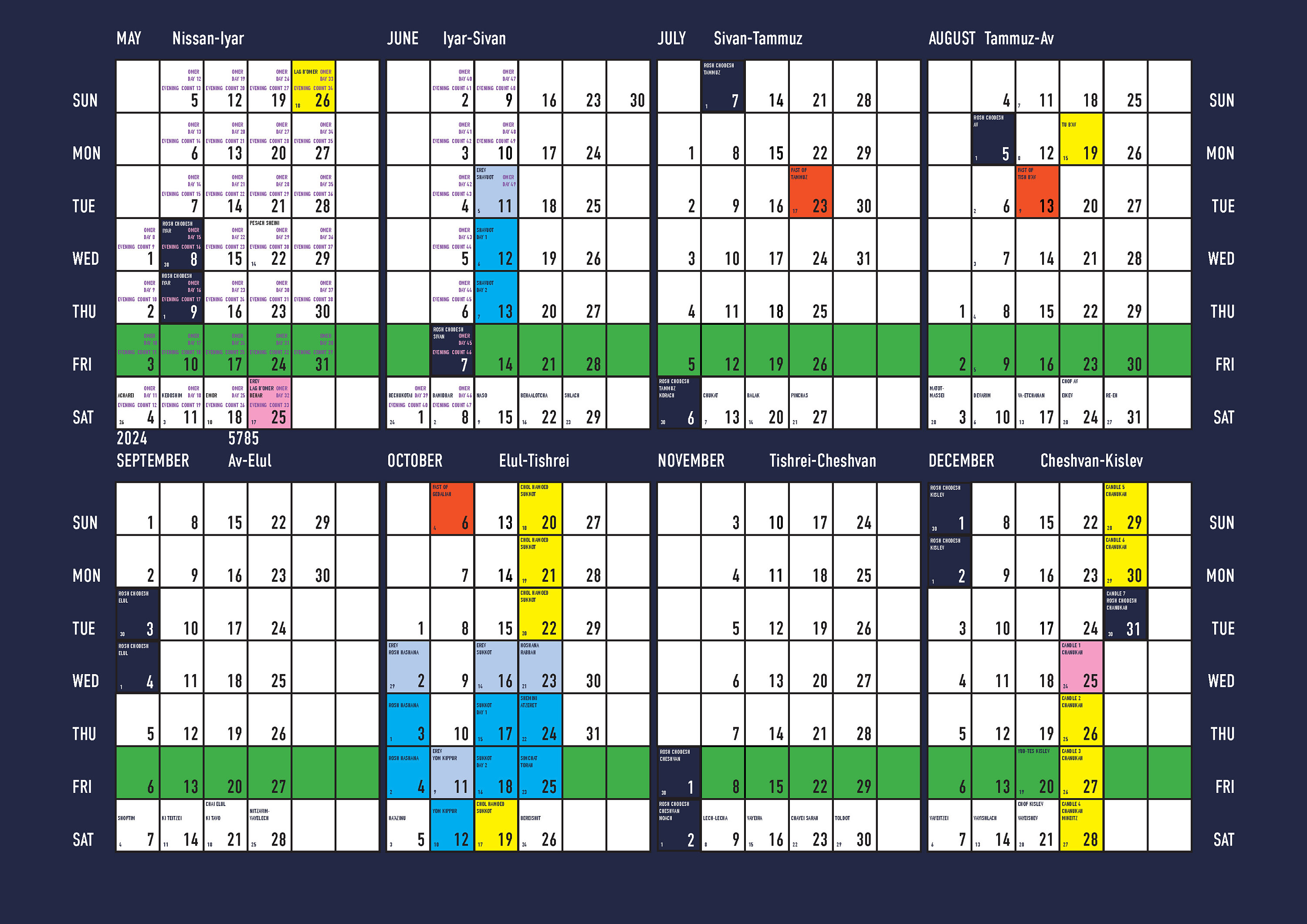 Hebrew Calendar 5784 20232024 16 Month Diaspora Modern, Compact Letter