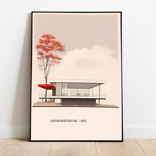 Farnsworth House by Ludwig Mies van der Rohe 1951 | Minimalistic Architecture Print