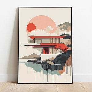 Póster imprimible de la casa de la cascada de Frank Lloyd Wright, decoración del hogar, arte de pared