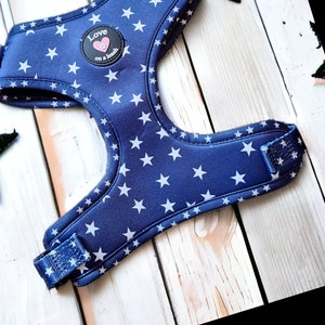 Starry Nights - navy blue background with white stars adjustable neck harness.