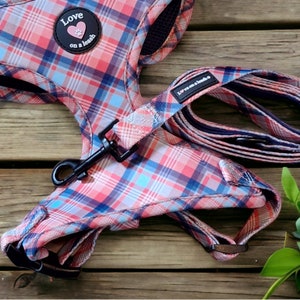 Tartan - blue, white and red checked design adjustable neck harness.