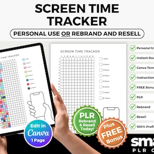 Puede incluir: Un rastreador digital de tiempo de pantalla que se muestra en una tableta y una página impresa. El rastreador presenta una cuadrícula para rastrear horas y días, con el texto "SCREEN TIME TRACKER" en la parte superior. La imagen incluye el texto "PERSONAL USE OR REBRAND AND RESELL".