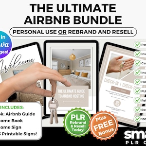 Könnte beinhalten: Grafik für das "Ultimate Airbnb Bundle" mit dem Text "Personal Use or Rebrand and Resell". Enthält ein E-Book, ein Willkommensbuch und Schilder. Das Bild zeigt drei Tablets mit den Texten "Welcome", "The Ultimate Guide to Airbnb Hosting" und "Check-in | Check-out".