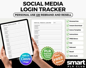 Rastreador de inicio de sesión en redes sociales / Plantilla Canva / Derechos PLR / Editable e imprimible / Rebranding y reventa / Registro de contraseñas digitales