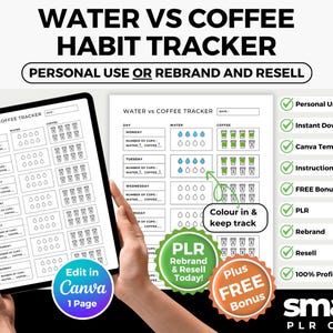 Può includere: Un tracker digitale delle abitudini per il consumo di acqua e caffè, visualizzato su un tablet e una pagina stampata. Il design include sezioni per il monitoraggio quotidiano, con opzioni per la modifica in Canva. Include un bonus gratuito.