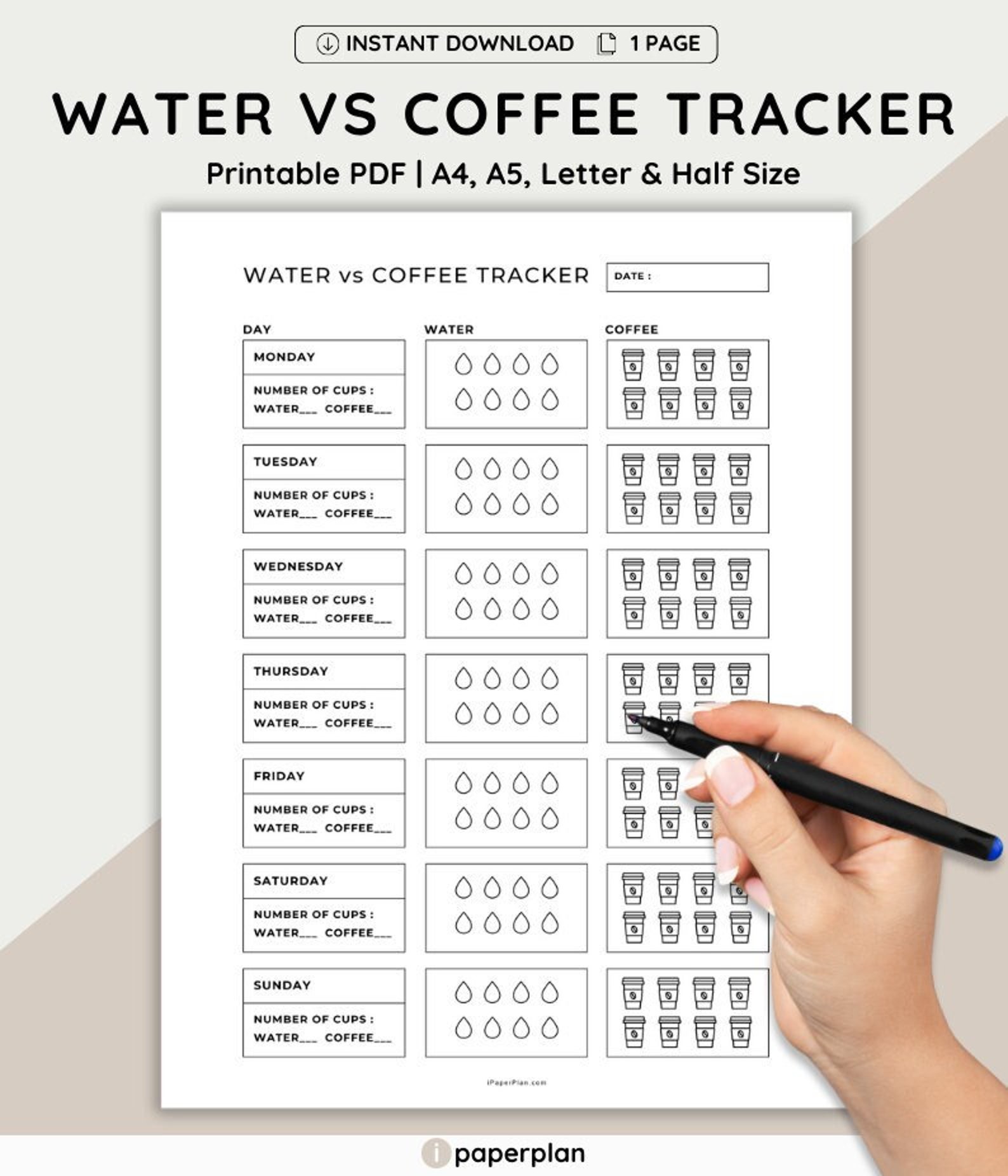Water Vs Coffee Intake Tracker, Weekly Water Hydration Tracker ...