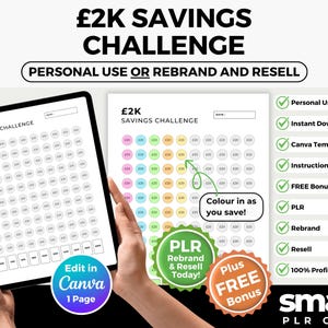 Peut inclure: Une maquette numérique de défi d'épargne sur une tablette et une page imprimée. La conception comprend une grille de cercles à colorier au fur et à mesure que les objectifs d'épargne sont atteints. Le texte comprend "£2K Savings Challenge".